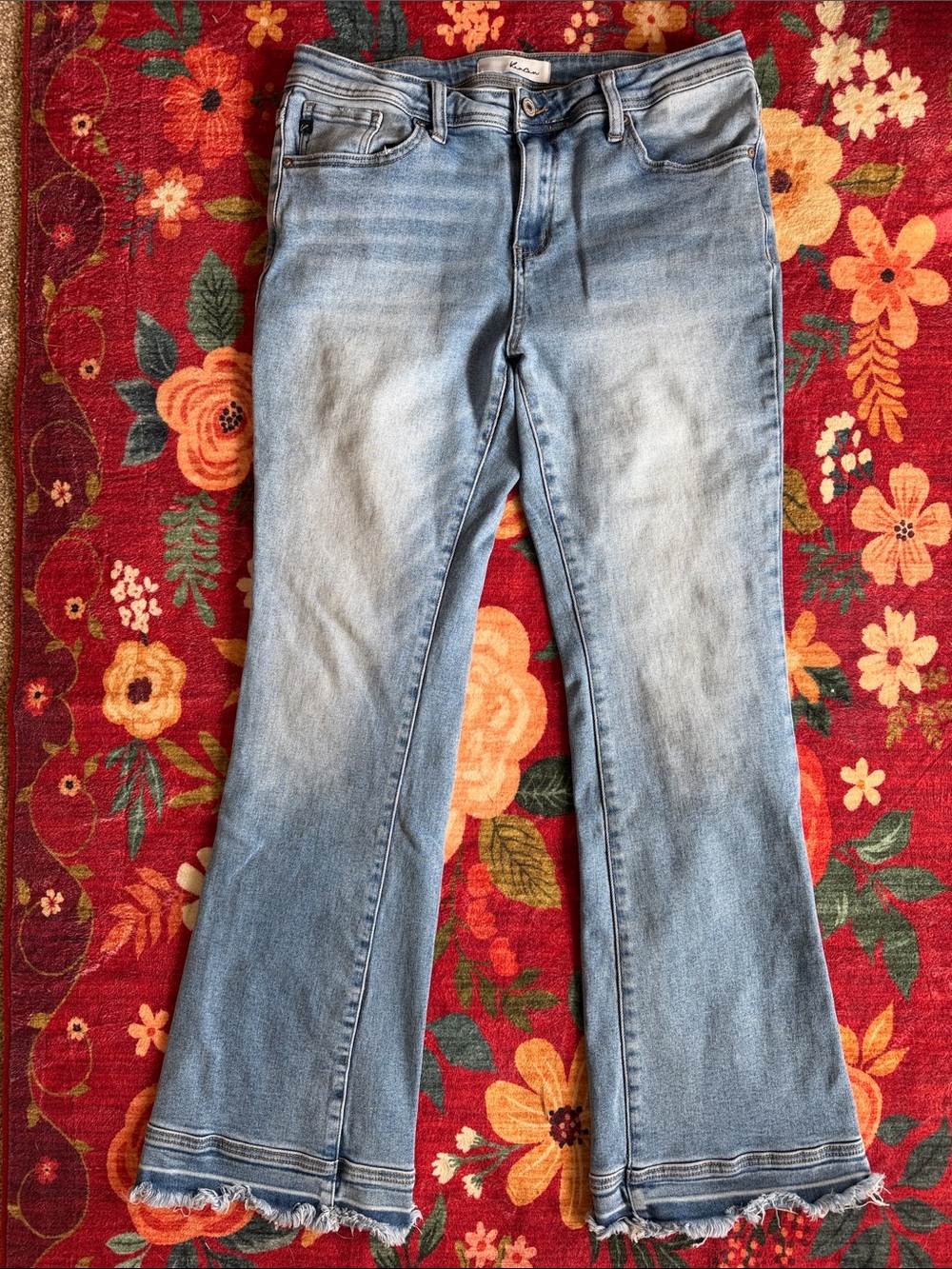 KanCan Washed Light Blue Flare Jeans with Frayed Hem